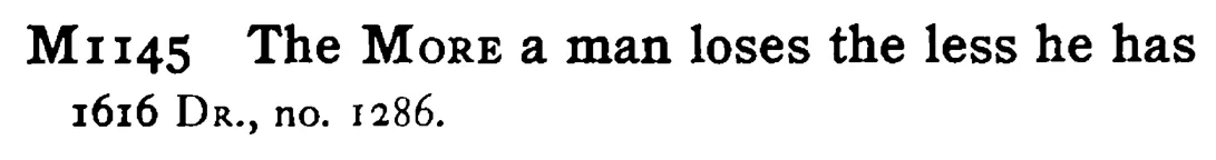 The MORE a man loses the less he has - a scanned entry from Tilley's 1950 Dictionary of Proverbs.