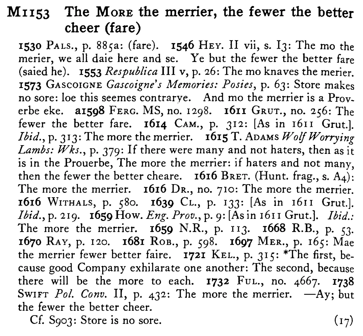 The MORE the merrier, the fewer the better cheer (fare) - a scanned entry from Tilley's 1950 Dictionary of Proverbs.