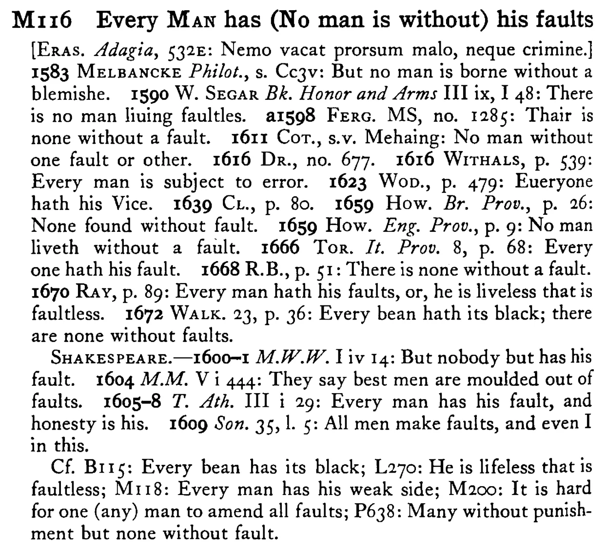 Every MAN has (No man is without) his faults - a scanned entry from Tilley's 1950 Dictionary of Proverbs.