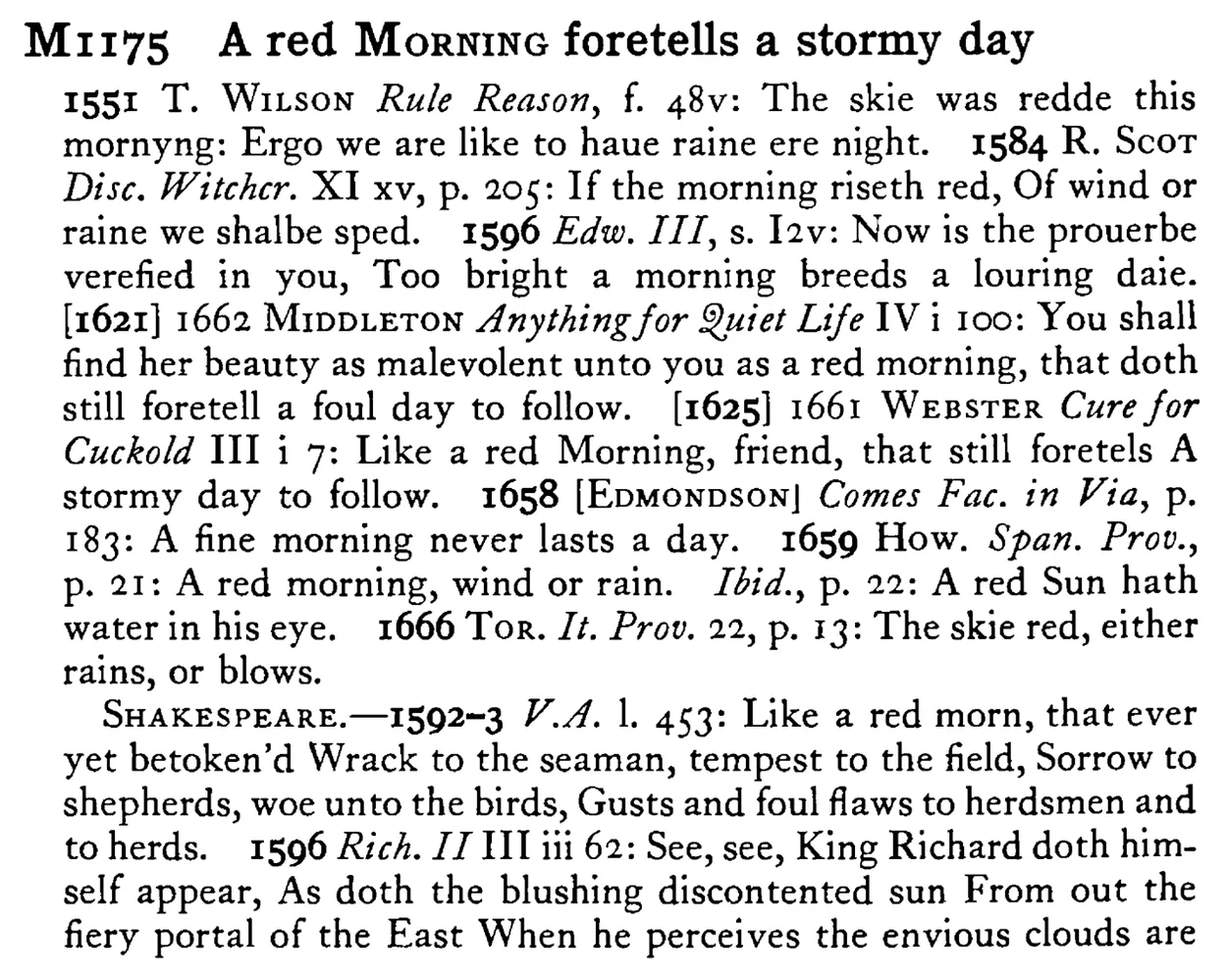 A red MORNING foretells a stormy day - a scanned entry from Tilley's 1950 Dictionary of Proverbs.