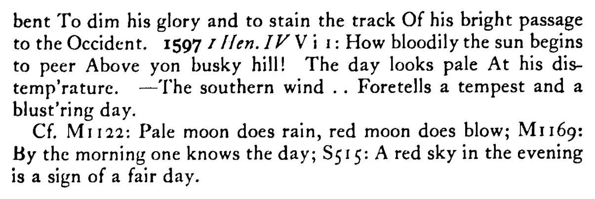 A red MORNING foretells a stormy day - a scanned entry from Tilley's 1950 Dictionary of Proverbs. (continuation)