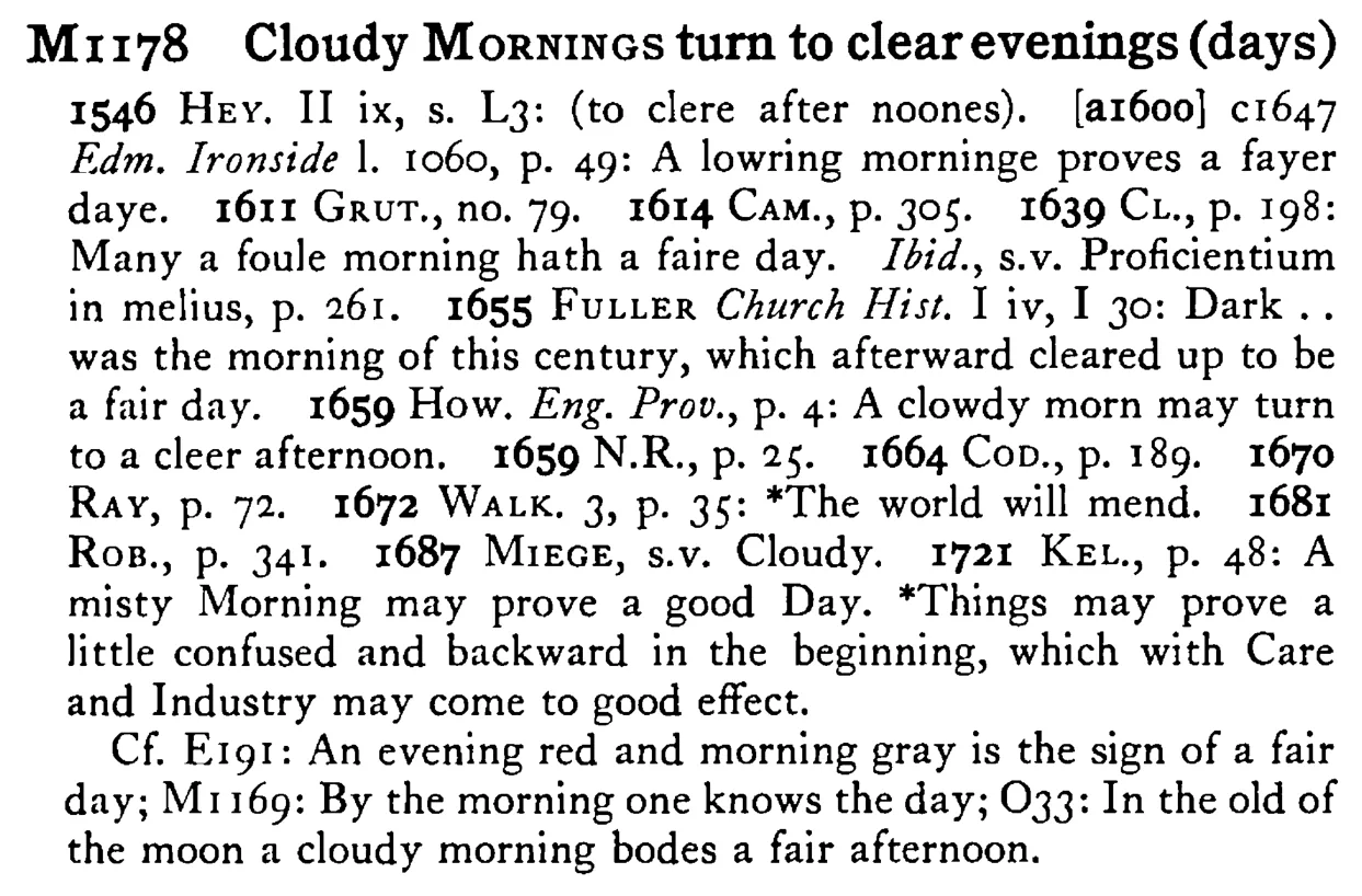 Cloudy MORNINGS turn to clear evenings (days) - a scanned entry from Tilley's 1950 Dictionary of Proverbs.