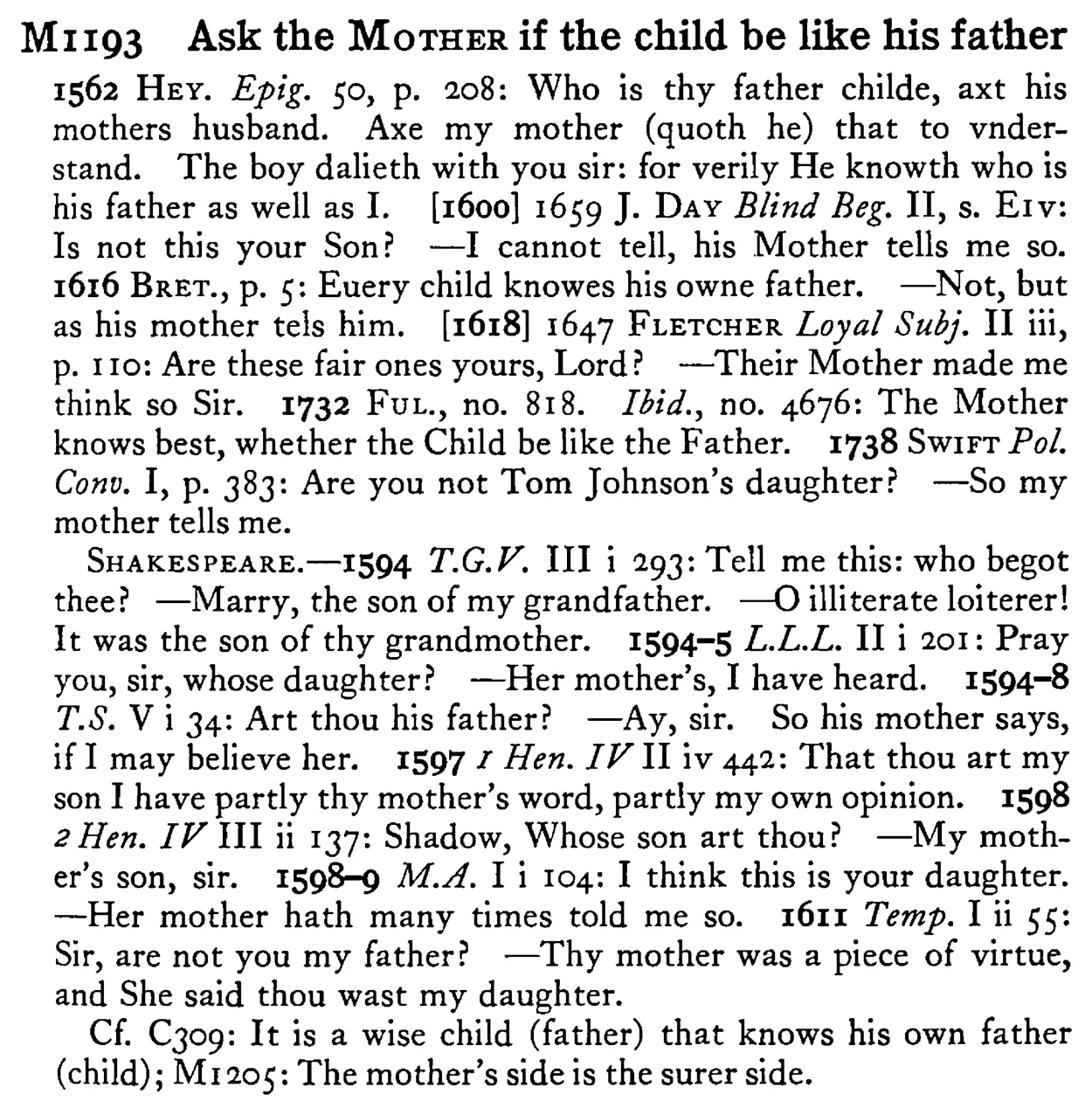 Ask the MOTHER if the child be like his father - a scanned entry from Tilley's 1950 Dictionary of Proverbs.