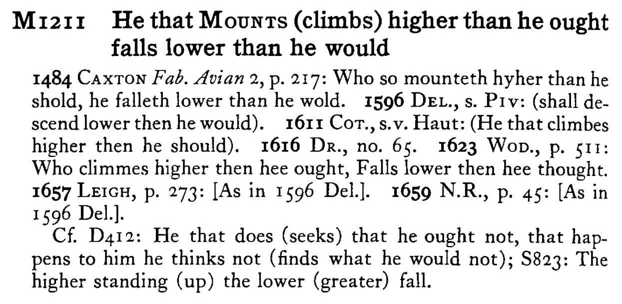 He that MOUNTS (climbs) higher than he ought falls lower than he would - a scanned entry from Tilley's 1950 Dictionary of Proverbs.
