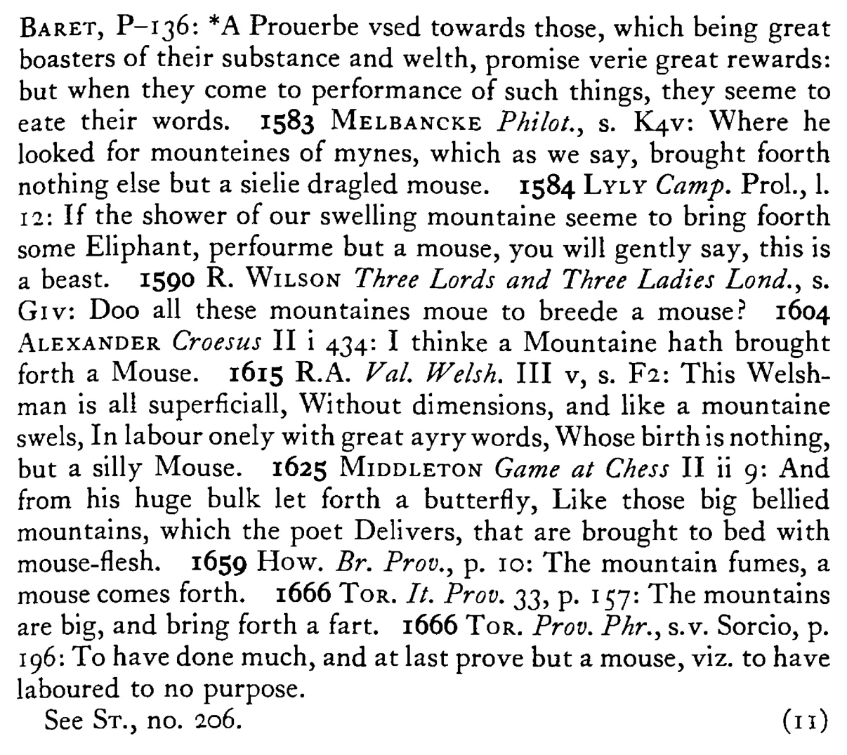 The MOUNTAIN was in labor and brought forth a mouse - a scanned entry from Tilley's 1950 Dictionary of Proverbs. (continuation)