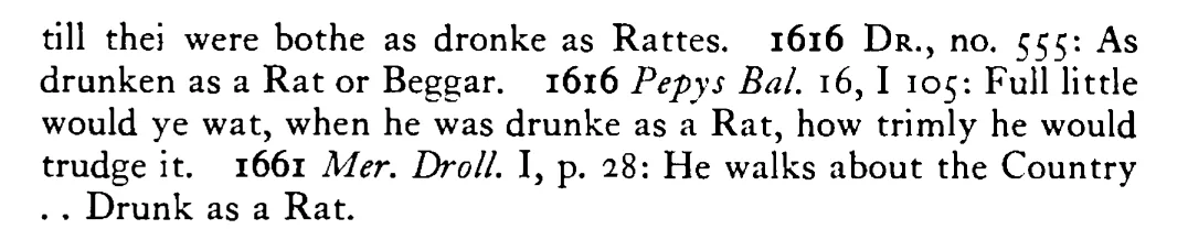 As drunk as a MOUSE (rat) - a scanned entry from Tilley's 1950 Dictionary of Proverbs. (continuation)