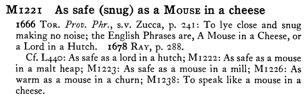 As safe (snug) as a MOUSE in a cheese - a scanned entry from Tilley's 1950 Dictionary of Proverbs.
