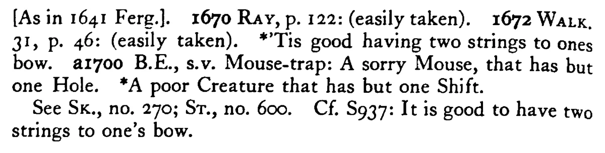 The MOUSE that has but one hole is quickly taken - a scanned entry from Tilley's 1950 Dictionary of Proverbs. (continuation)