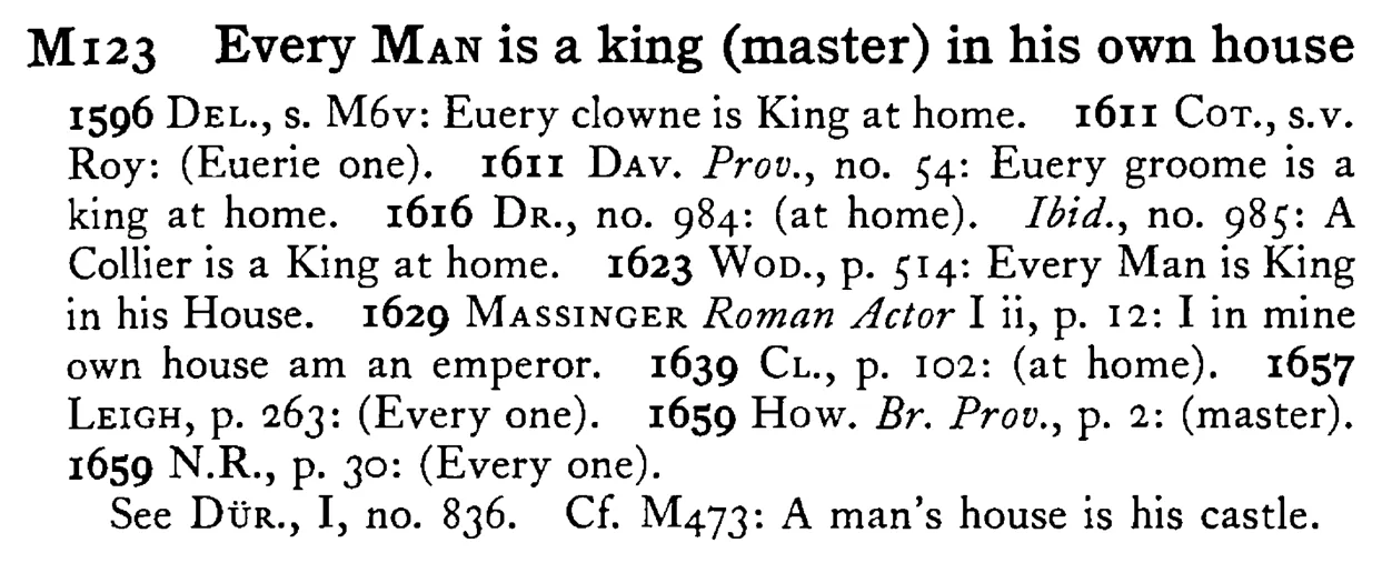 Every MAN is a king (master) in his own house - a scanned entry from Tilley's 1950 Dictionary of Proverbs.