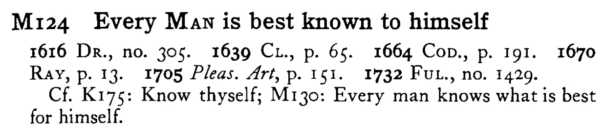 Every MAN is best known to himself - a scanned entry from Tilley's 1950 Dictionary of Proverbs.
