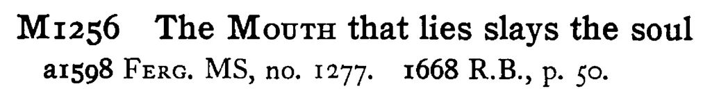 The MOUTH that lies slays the soul - a scanned entry from Tilley's 1950 Dictionary of Proverbs.