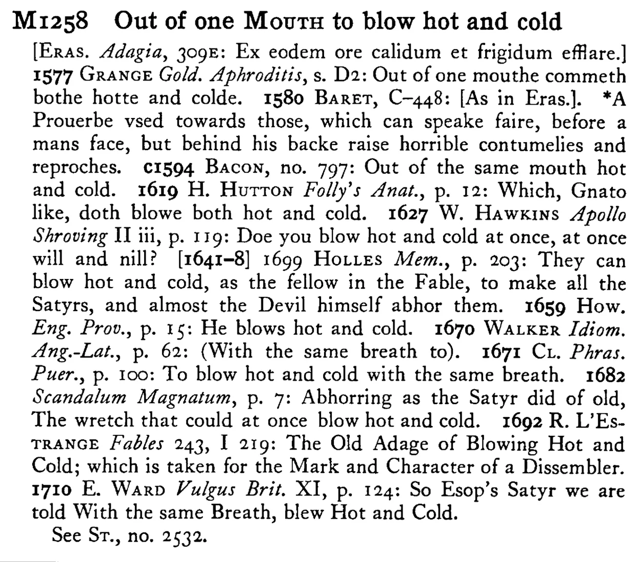 Out of one MOUTH to blow hot and cold - a scanned entry from Tilley's 1950 Dictionary of Proverbs.