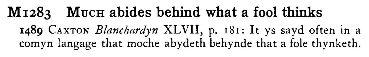 MUCH abides behind what a fool thinks - a scanned entry from Tilley's 1950 Dictionary of Proverbs.