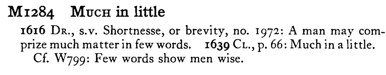 MUCH in little - a scanned entry from Tilley's 1950 Dictionary of Proverbs.