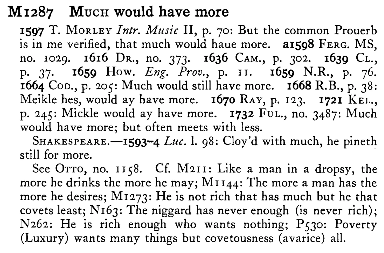MUCH would have more - a scanned entry from Tilley's 1950 Dictionary of Proverbs.