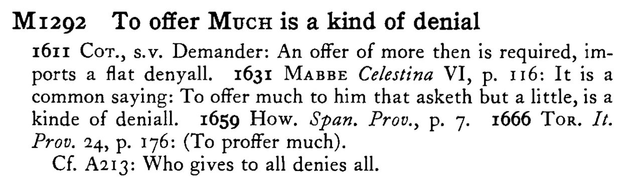 To offer MUCH is a kind of denial - a scanned entry from Tilley's 1950 Dictionary of Proverbs.