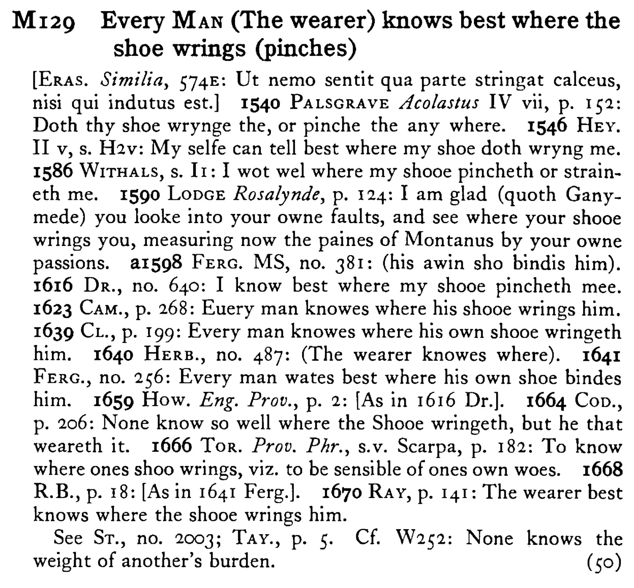 Every MAN (The wearer) knows best where the shoe wrings (pinches) - a scanned entry from Tilley's 1950 Dictionary of Proverbs.