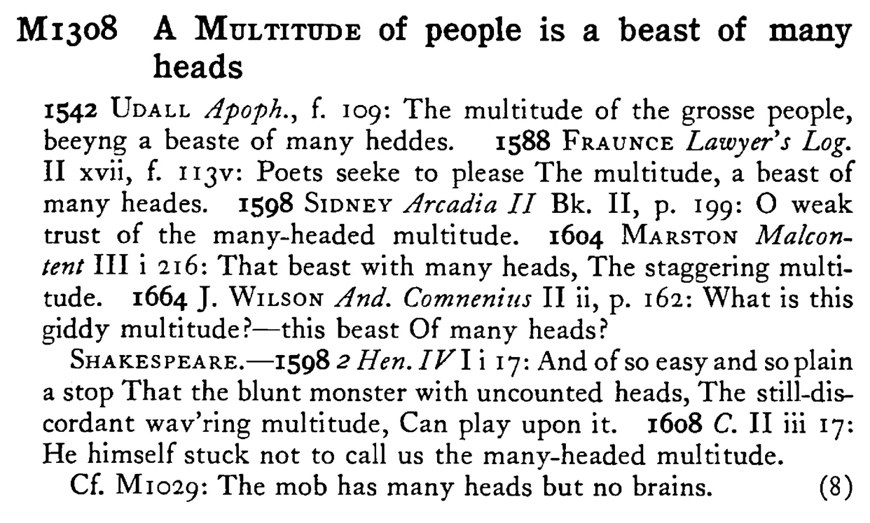 A MULTITUDE of people is a beast of many heads - a scanned entry from Tilley's 1950 Dictionary of Proverbs.