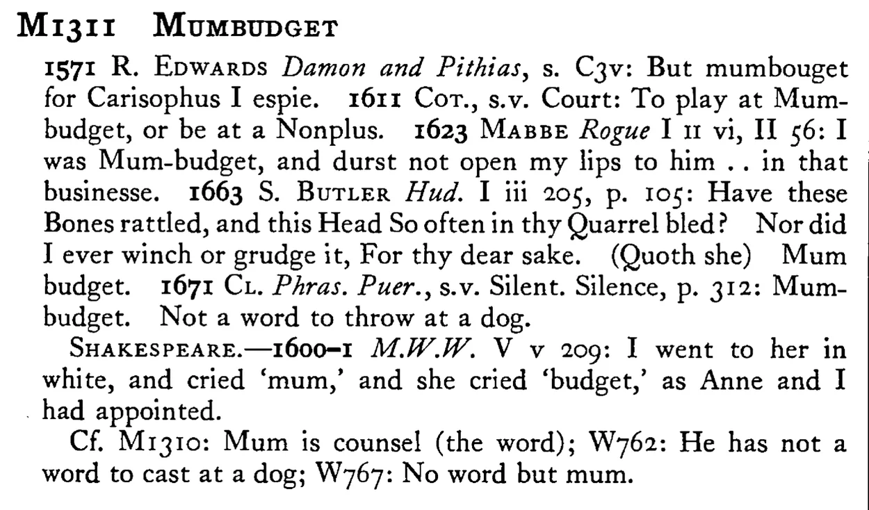 MUMBUDGET - a scanned entry from Tilley's 1950 Dictionary of Proverbs.