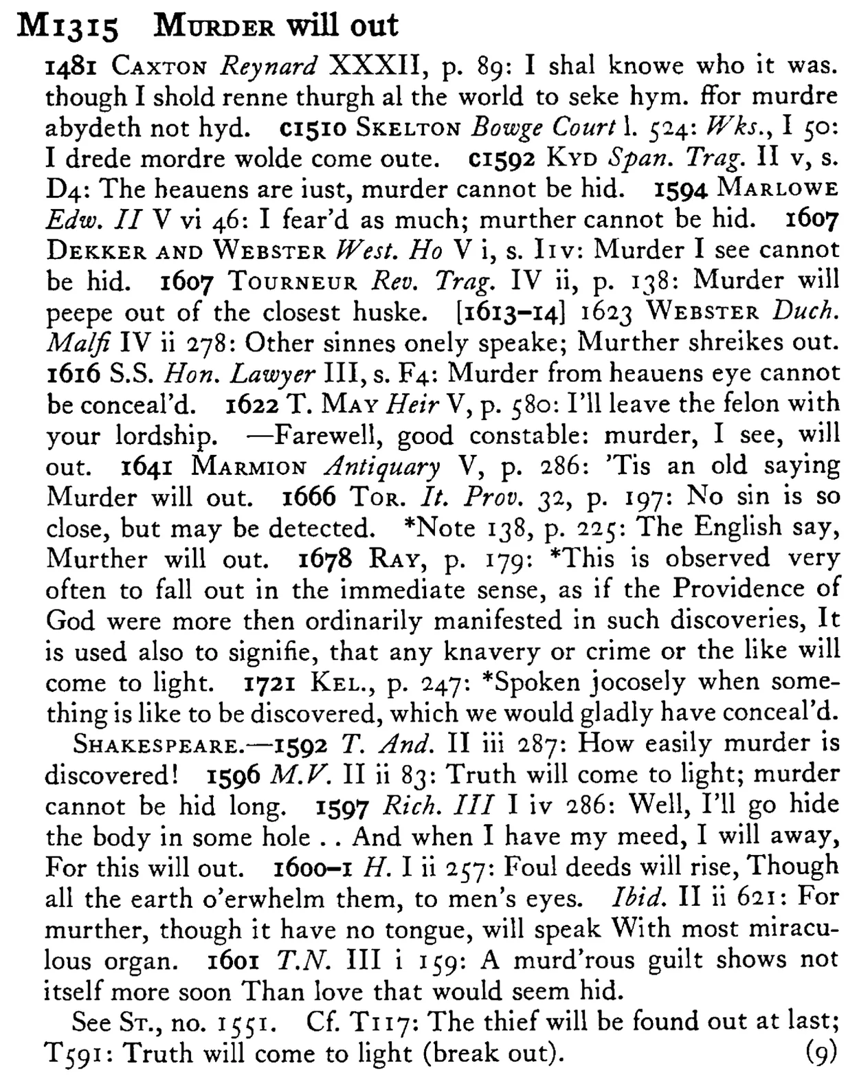 MURDER will out - a scanned entry from Tilley's 1950 Dictionary of Proverbs.
