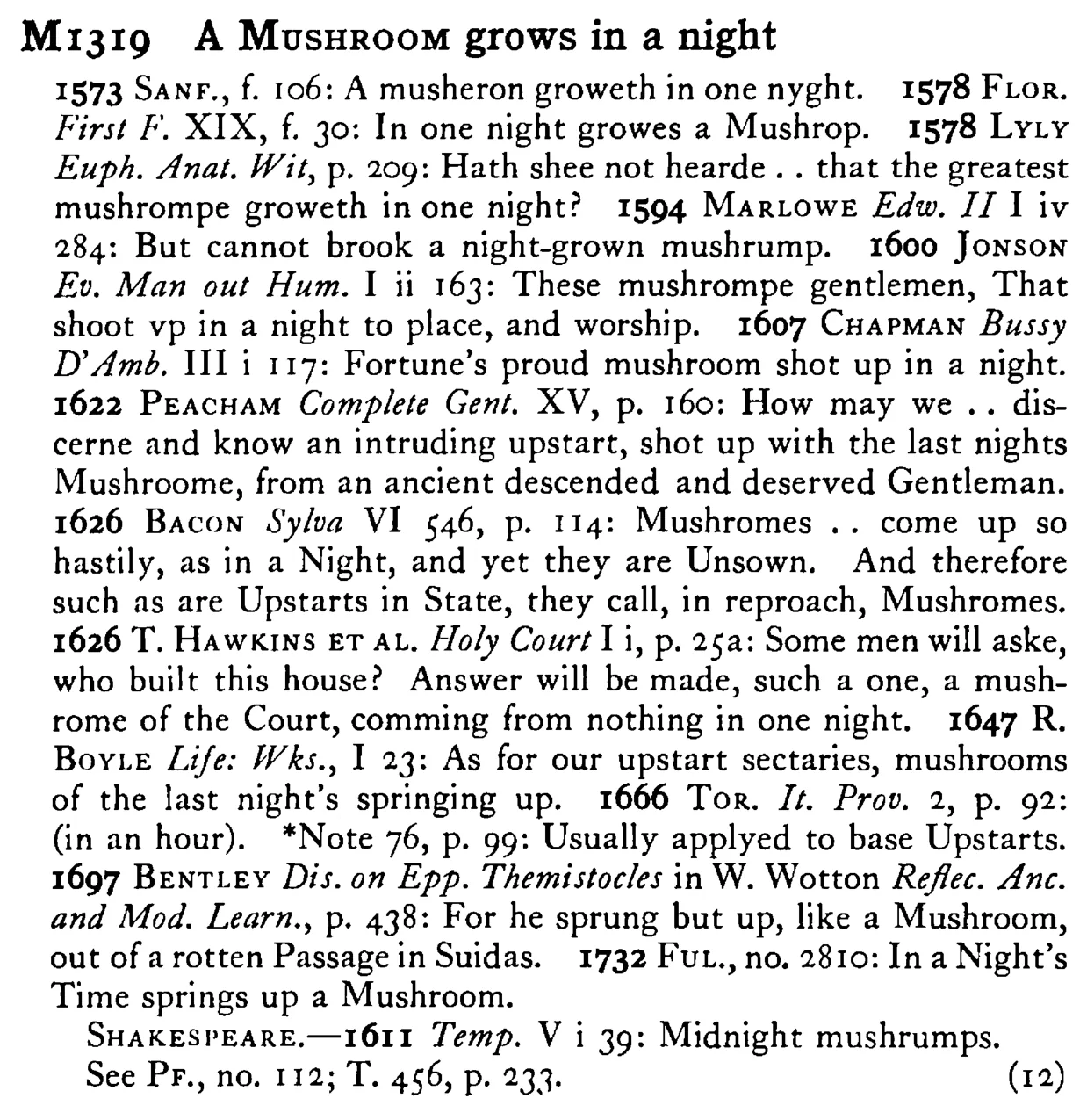 A MUSHROOM grows in a night - a scanned entry from Tilley's 1950 Dictionary of Proverbs.