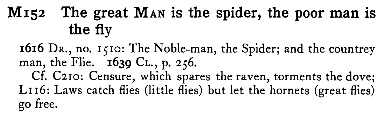 The great MAN is the spider, the poor man is the fly - a scanned entry from Tilley's 1950 Dictionary of Proverbs.