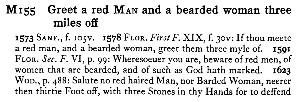Greet a red MAN and a bearded woman three miles off - a scanned entry from Tilley's 1950 Dictionary of Proverbs.