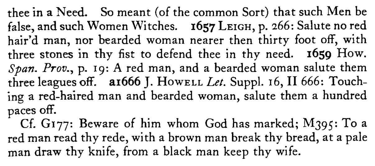 Greet a red MAN and a bearded woman three miles off - a scanned entry from Tilley's 1950 Dictionary of Proverbs. (continuation)