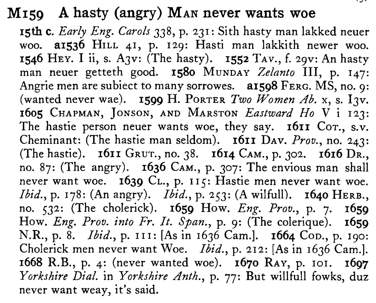 A hasty (angry) MAN never wants woe - a scanned entry from Tilley's 1950 Dictionary of Proverbs.