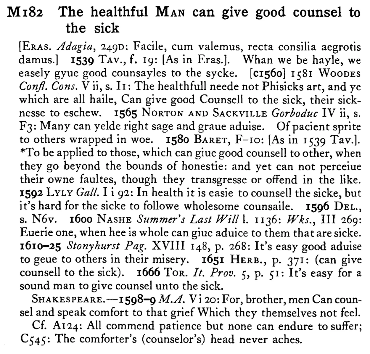 The healthful MAN can give good counsel to the sick - a scanned entry from Tilley's 1950 Dictionary of Proverbs.
