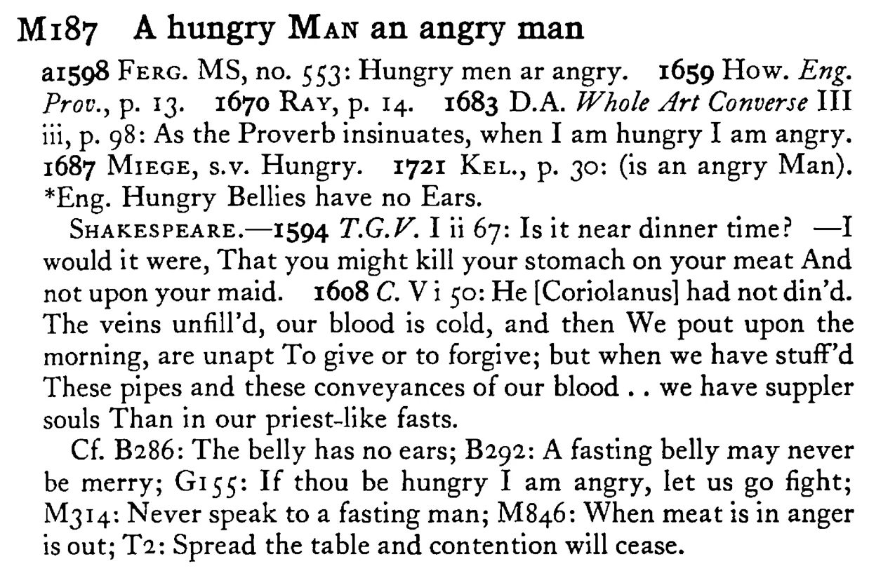 A hungry MAN an angry man - a scanned entry from Tilley's 1950 Dictionary of Proverbs.