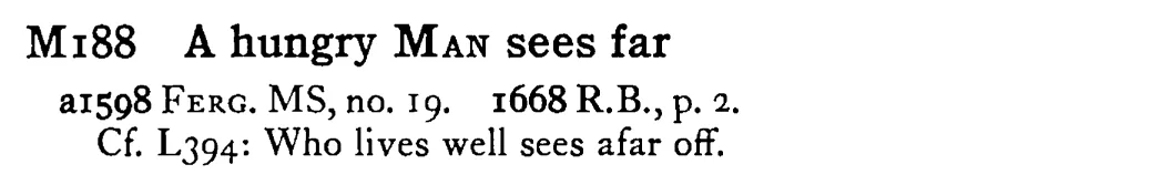 A hungry MAN sees far - a scanned entry from Tilley's 1950 Dictionary of Proverbs.