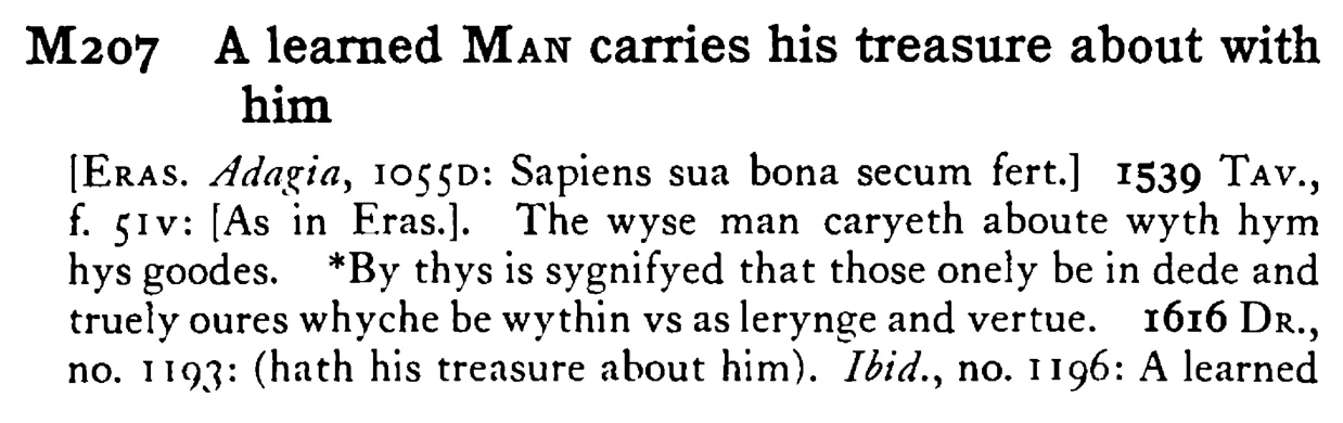 A learned MAN carries his treasure about with him - a scanned entry from Tilley's 1950 Dictionary of Proverbs.