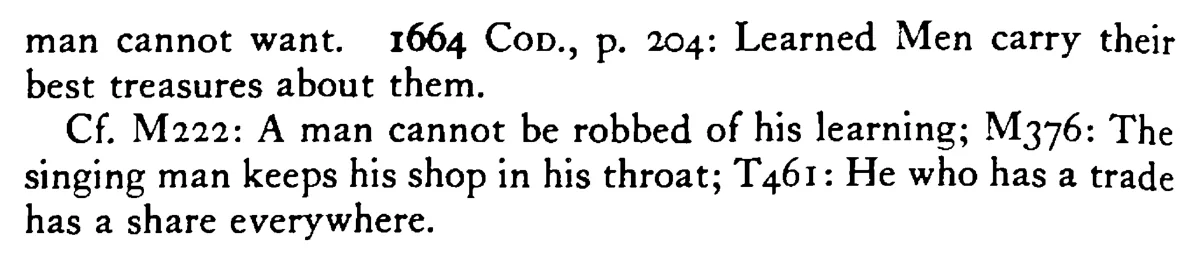 A learned MAN carries his treasure about with him - a scanned entry from Tilley's 1950 Dictionary of Proverbs. (continuation)