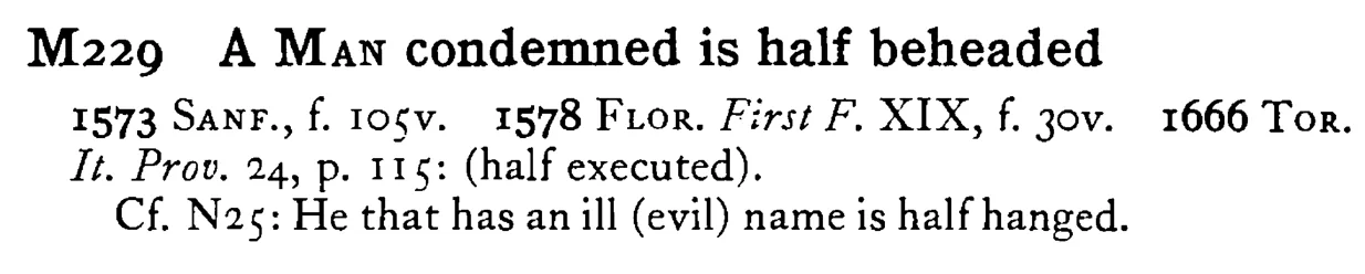 A MAN condemned is half beheaded - a scanned entry from Tilley's 1950 Dictionary of Proverbs.