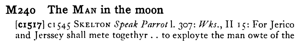 The MAN in the moon - a scanned entry from Tilley's 1950 Dictionary of Proverbs.