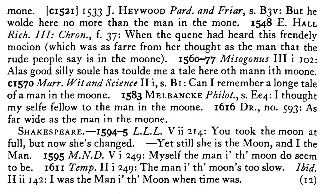 The MAN in the moon - a scanned entry from Tilley's 1950 Dictionary of Proverbs. (continuation)