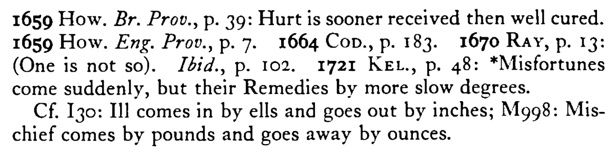 A MAN is not so soon healed as hurt - a scanned entry from Tilley's 1950 Dictionary of Proverbs. (continuation)