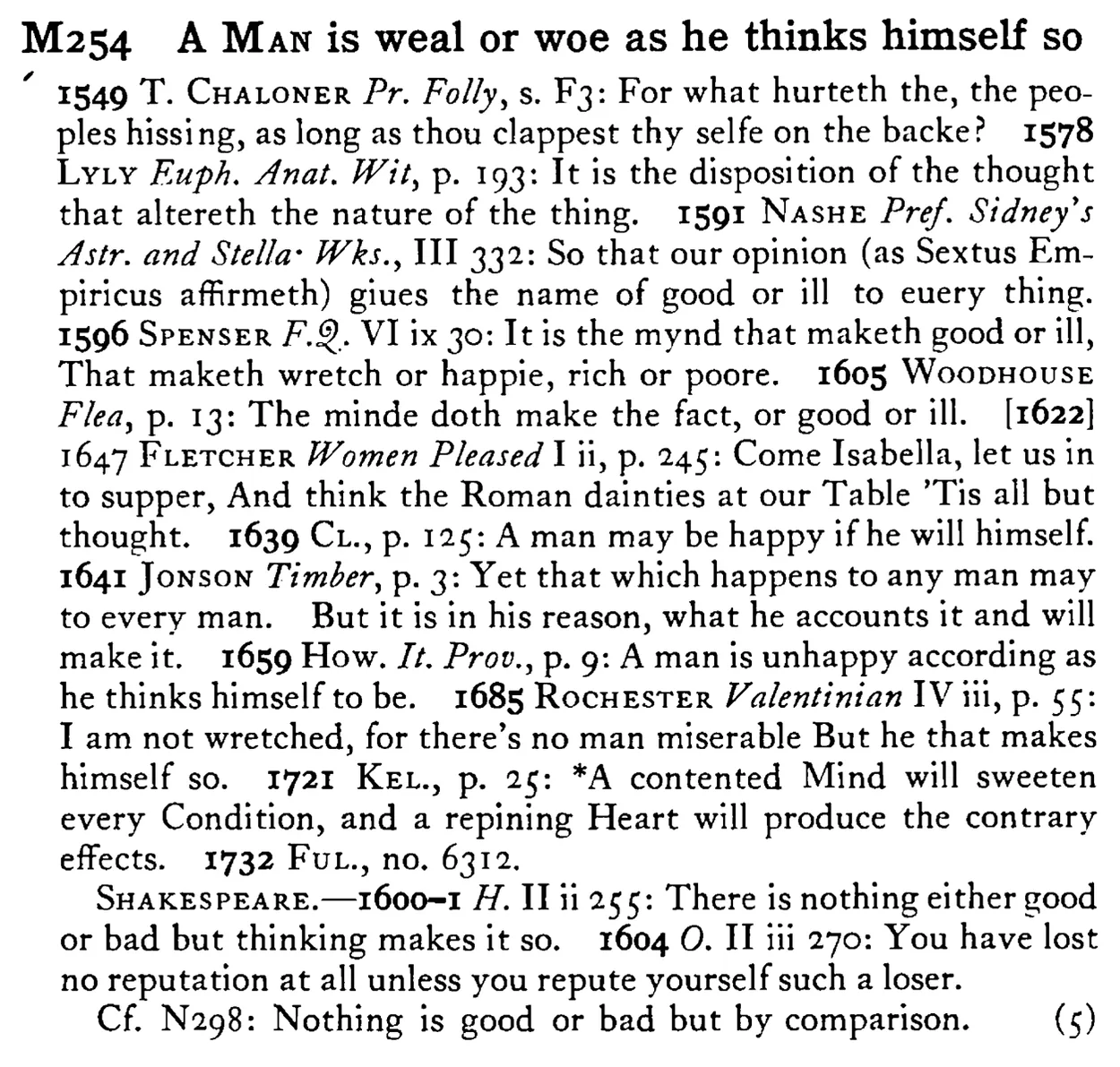 A MAN is weal or woe as he thinks himself so - a scanned entry from Tilley's 1950 Dictionary of Proverbs.