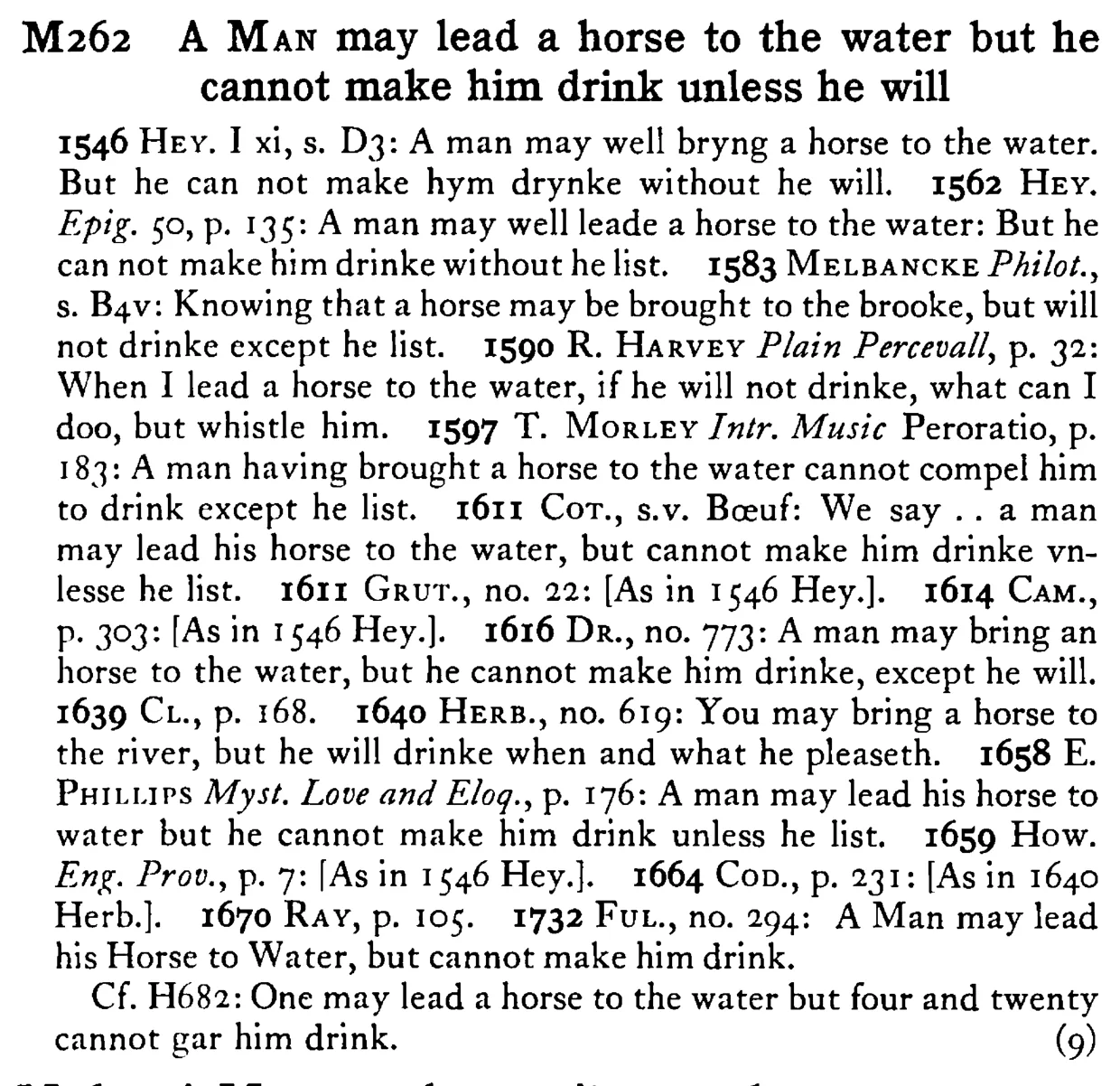 A MAN may lead a horse to the water but he cannot make him drink unless he will - a scanned entry from Tilley's 1950 Dictionary of Proverbs.