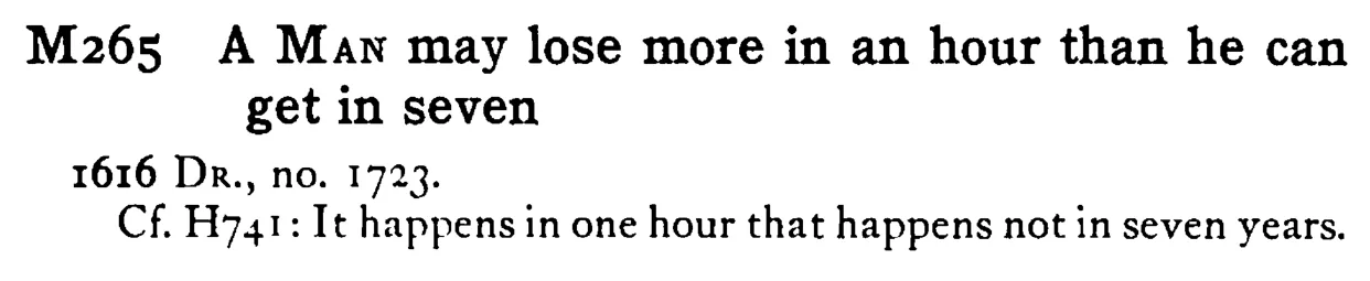 A MAN may lose more in an hour than he can get in seven - a scanned entry from Tilley's 1950 Dictionary of Proverbs.