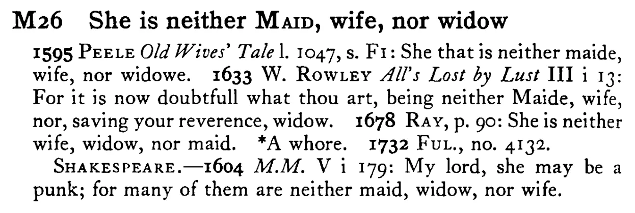She is neither MAID, wife, nor widow - a scanned entry from Tilley's 1950 Dictionary of Proverbs.