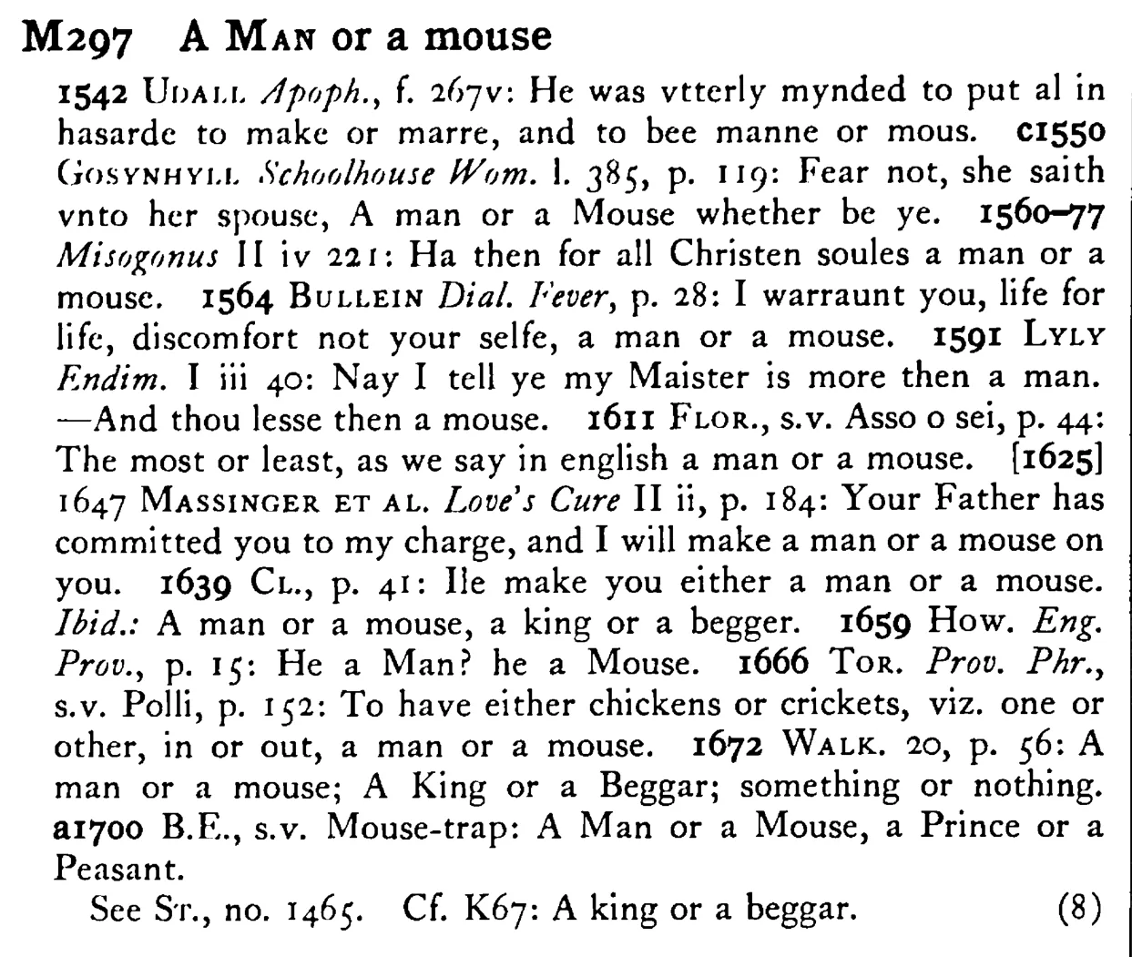 A MAN or a mouse - a scanned entry from Tilley's 1950 Dictionary of Proverbs.