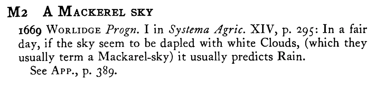 A MACKEREL SKY - a scanned entry from Tilley's 1950 Dictionary of Proverbs.