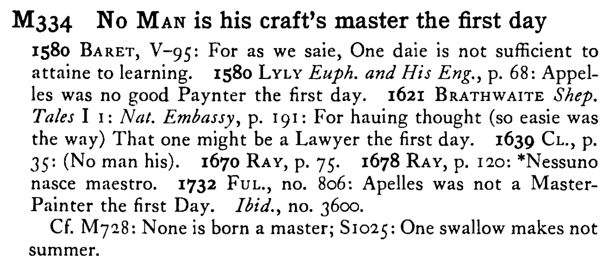 No MAN is his craft's master the first day - a scanned entry from Tilley's 1950 Dictionary of Proverbs.