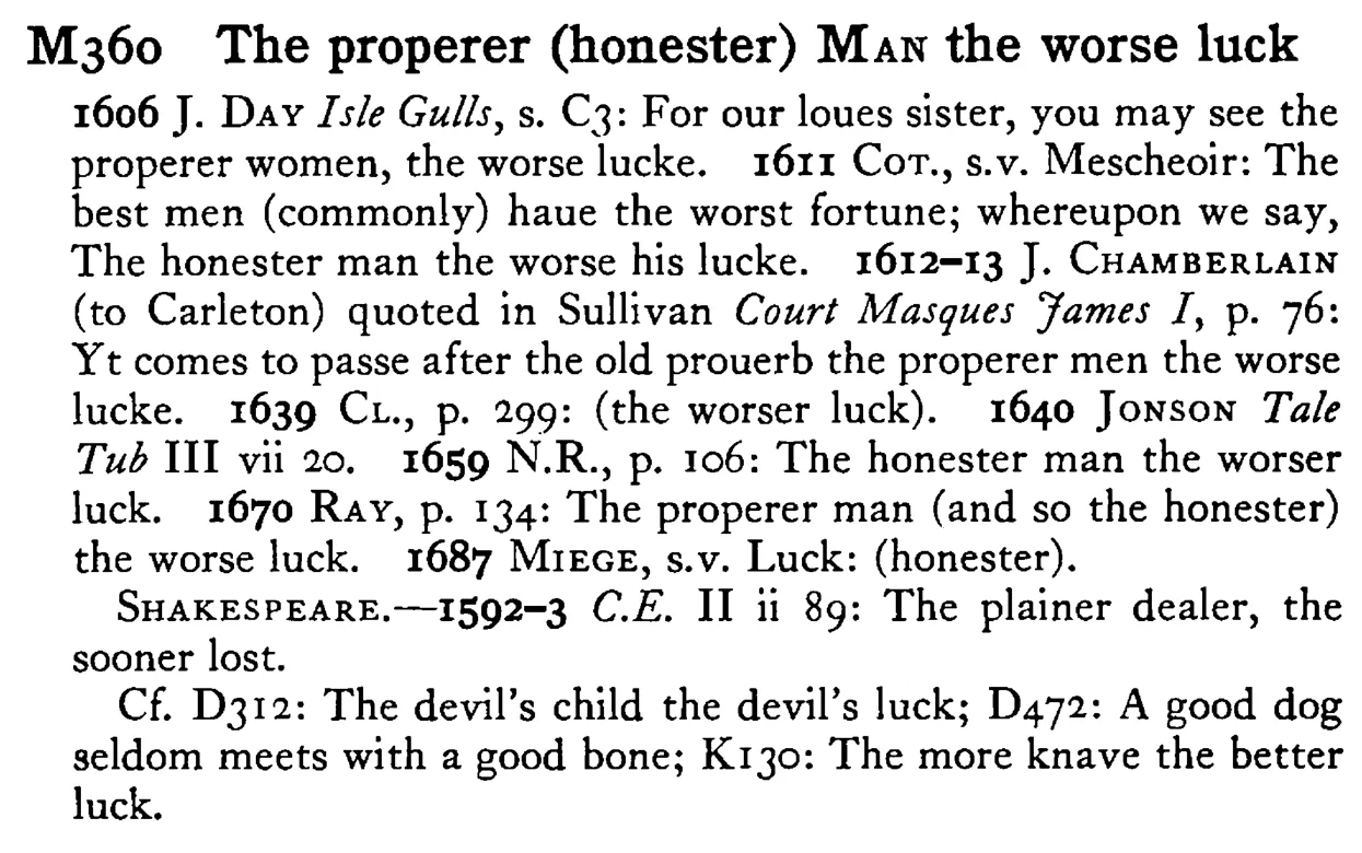 The properer (honester) MAN the worse luck - a scanned entry from Tilley's 1950 Dictionary of Proverbs.