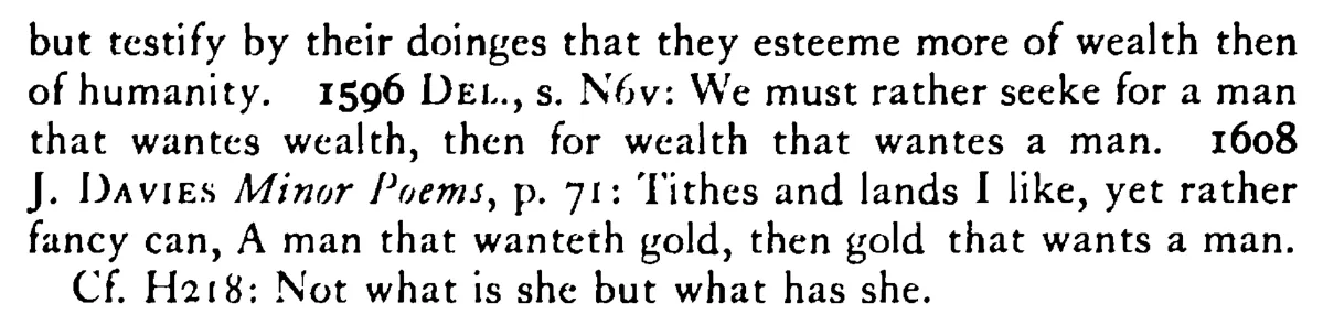Rather a MAN without money than money without a man - a scanned entry from Tilley's 1950 Dictionary of Proverbs. (continuation)