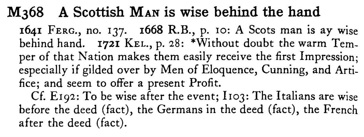 A Scottish MAN is wise behind the hand - a scanned entry from Tilley's 1950 Dictionary of Proverbs.