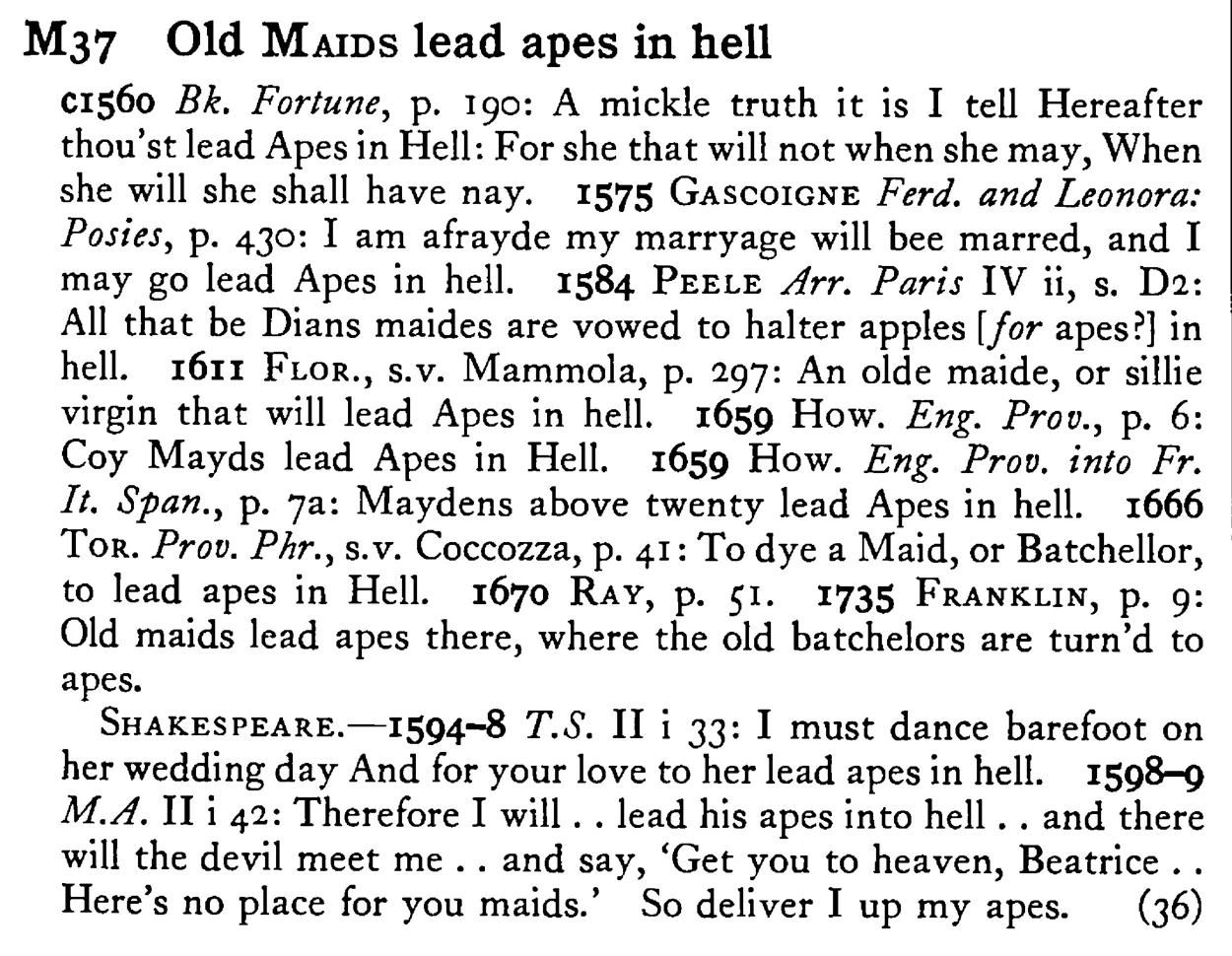 Old MAIDS lead apes in hell - a scanned entry from Tilley's 1950 Dictionary of Proverbs.