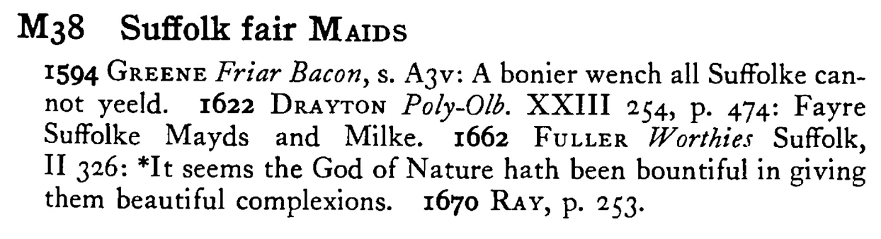 Suffolk fair MAIDS - a scanned entry from Tilley's 1950 Dictionary of Proverbs.